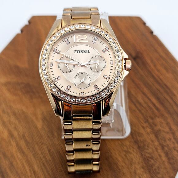 Fossil Women's Riley Multifunction Watch Rose Gold-Tone Crystal Bling Accents - Picture 1 of 8
